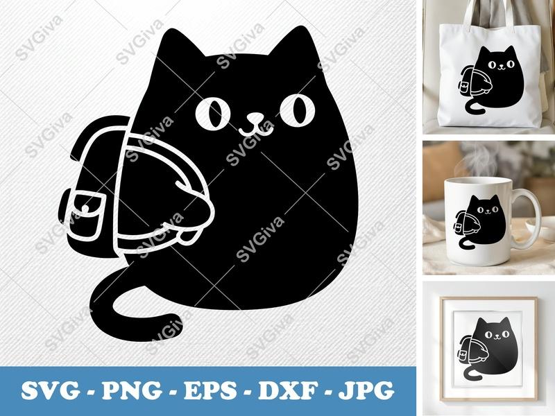 Cat SVG with Backpack, Cute Kitty Vector, PNG EPS DXF files for Cricut | Silhouette, Modern Clean Design Animal