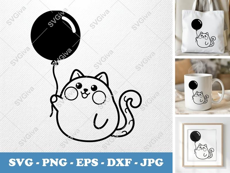 Cat SVG with Balloon | Cute Kawaii Outline Design | PNG EPS DXF | Cricut Silhouette File