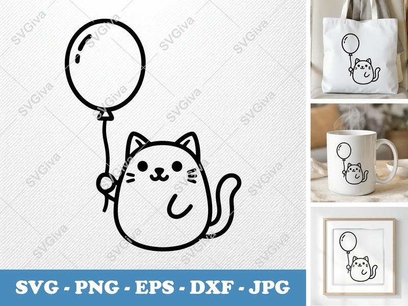Cat SVG with Balloon | Cute Kitty Outline Vector | PNG EPS DXF for Cricut, Silhouette | Modern Clean Pet Design