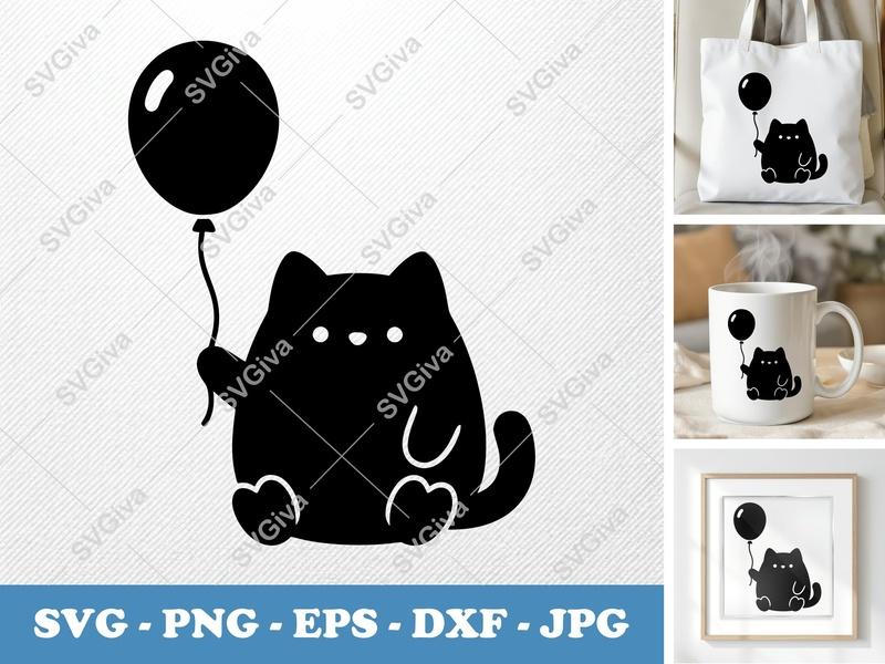 Cat SVG with Balloon | Cute Kitty Silhouette | Modern Animal Cut File for Cricut, Silhouette | PNG EPS DXF Vector Art