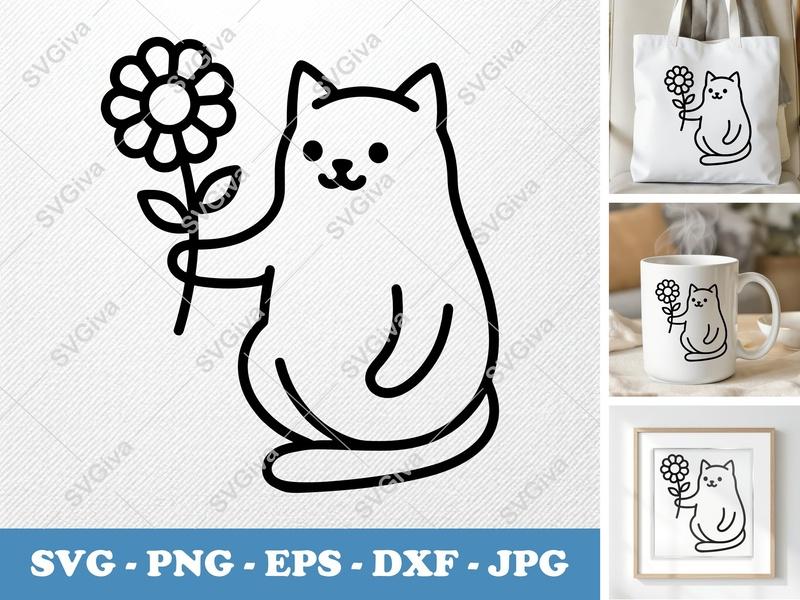 Cat SVG with Flower, Cute Kitty Line Art, Modern Pet Clipart | PNG EPS DXF for Cricut, Silhouette, Digital Download