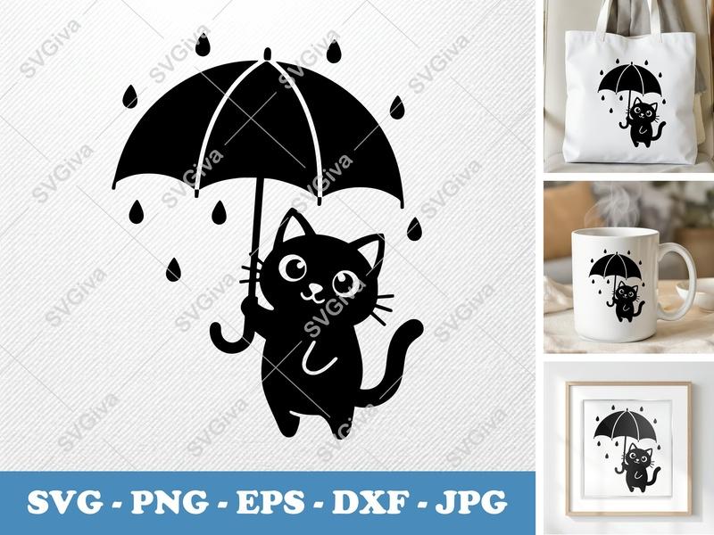Cat Umbrella Rain SVG | Cute Kitty Clipart, Modern Pet Design | PNG EPS DXF for Cricut, Silhouette, Vinyl Decal