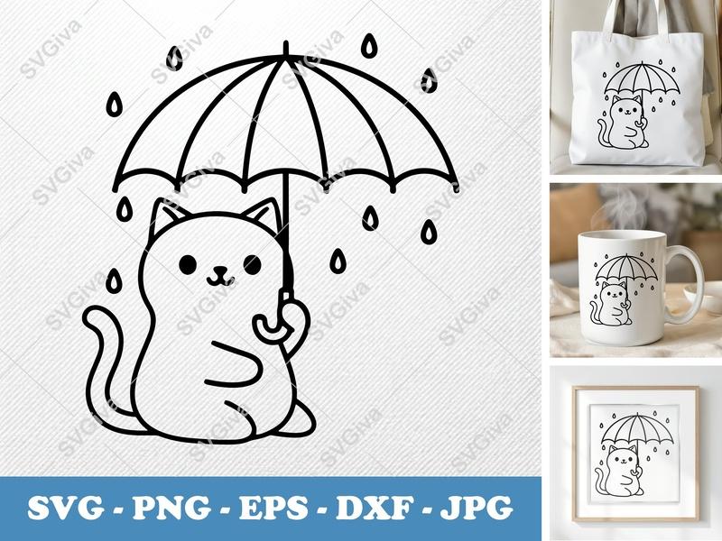 Cat Umbrella SVG, Cute Kitten Rainy Day PNG, EPS, DXF | Cricut, Silhouette Cut File | Kawaii Weather Clipart