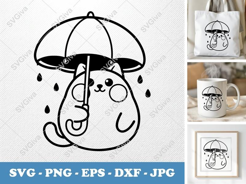 Cat Umbrella SVG, Cute Kitty Raindrop PNG, EPS, DXF | Cricut, Silhouette Cut File | Modern Pet Clipart Decal