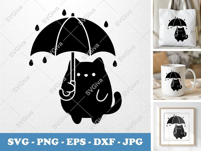 Cat Umbrella SVG, Rainy Day Kitten PNG, EPS, DXF | Modern Clean Design for Cricut, Silhouette, Cute Kitty Cut File