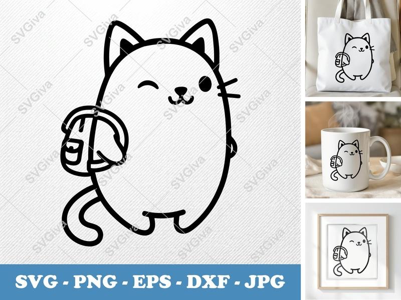Cat wearing backpack SVG | Cute Bean-Shaped Rounded Body Design | PNG DXF EPS | Cricut Silhouette File