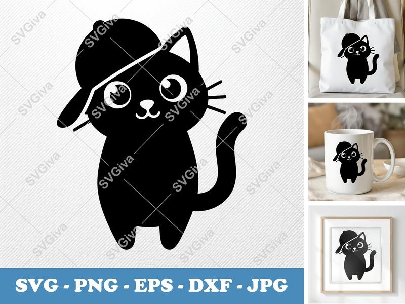 Cat Wearing Hat SVG | Modern Feline Cut File | Cute Kitten Design PNG EPS DXF for Cricut & Silhouette Machines