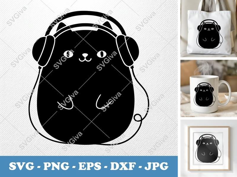 Cat Wearing Headphones SVG, Puffy Pillow-Soft Design | PNG DXF EPS | Cricut Silhouette File