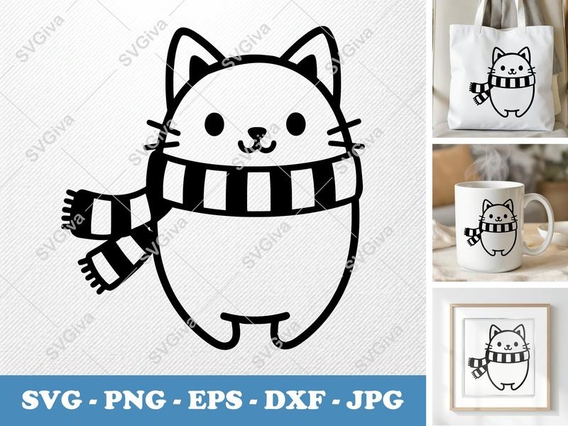 Cat Wearing Scarf SVG | Friendly Rounded Bean-Shaped Cat | PNG DXF EPS | Cricut Silhouette File