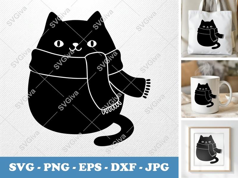 Cat Wearing Scarf SVG | Puffy Pillow-Soft Style | PNG DXF EPS | Cricut Silhouette File