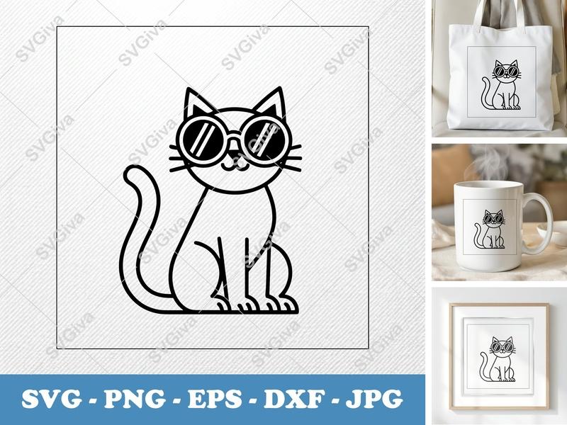 Cat Wearing Sunglasses SVG | Double-Outline Minimalist Design | Thick Contour, Thin Lines | PNG, DXF, EPS | Cricut, Silhouette File