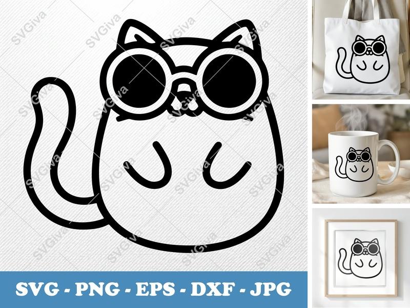 Cat wearing Sunglasses SVG | Friendly Bean-Shaped Cat Cut File | Rounded Body Kawaii Feline PNG DXF EPS for Cricut & Silhouette
