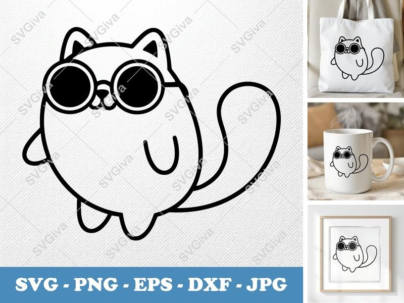 Cat Wearing Sunglasses SVG | Puffy Inflated Style | PNG, DXF, EPS | Cricut & Silhouette Kitty Cut File