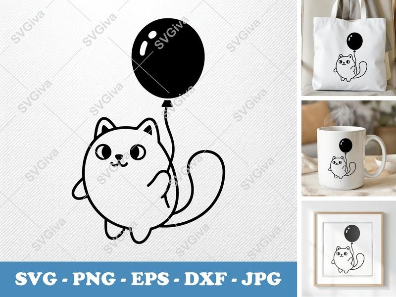 Cat with Balloon SVG | Puffy Pillo-Soft Shapes | PNG DXF EPS | Cricut Silhouette File