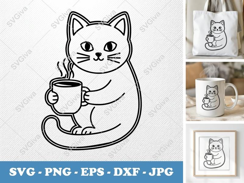Cat with Coffee Cup SVG | Outline Art Cut File | Thick Contour Thin Lines PNG DXF EPS | Cricut Silhouette Minimalist Design