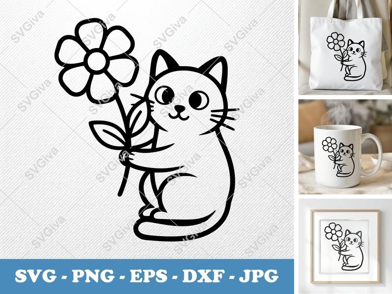 Cat with Flower SVG | Bold Contour Minimalist Cut File | PNG DXF EPS | Cricut Silhouette Design