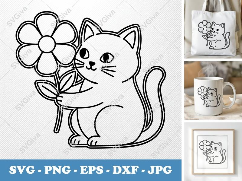 Cat with Flower SVG | Double Outline Minimalist Design | Thick Outer Thin Inner Lines | SVG PNG DXF EPS for Cricut Silhouette