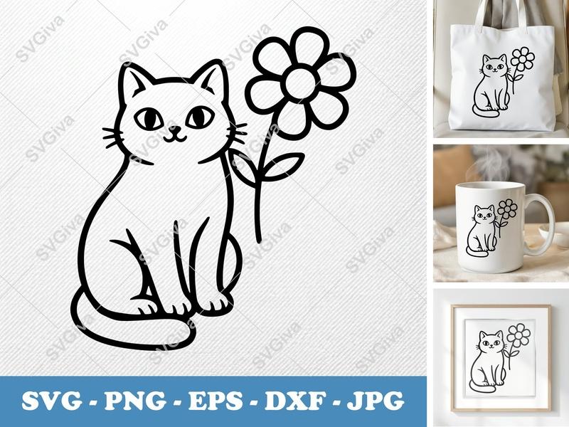 Cat with Flower SVG PNG DXF EPS | Cricut Silhouette Cut File