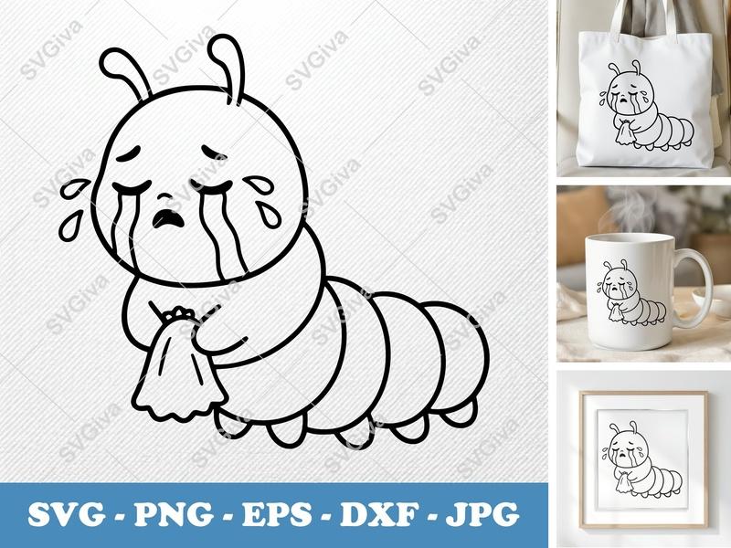 Caterpillar Crying SVG, Cute Sad Bug with Tissue, Outline Clip Art, PNG, EPS, DXF for Cricut & Silhouette, Modern Design