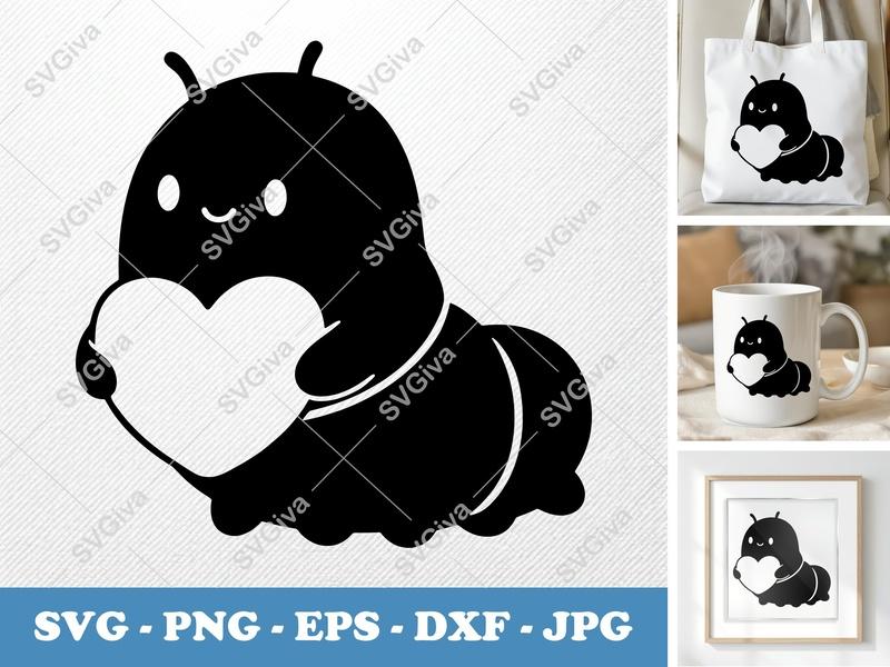 Caterpillar Holding Heart SVG | Puffy Soft Forms | PNG DXF EPS | Cricut Silhouette | Cute Insect Vector