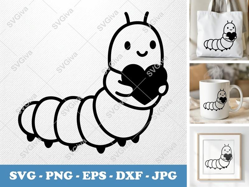 Caterpillar Holding Heart SVG | Rounded Bean-Shaped Cut File | Friendly Design PNG DXF EPS for Cricut Silhouette