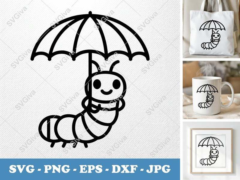 Caterpillar Holding Umbrella SVG | Minimalist Line Art Cut File | Double-Outline Simple Design PNG DXF EPS | Cricut Silhouette Ready
