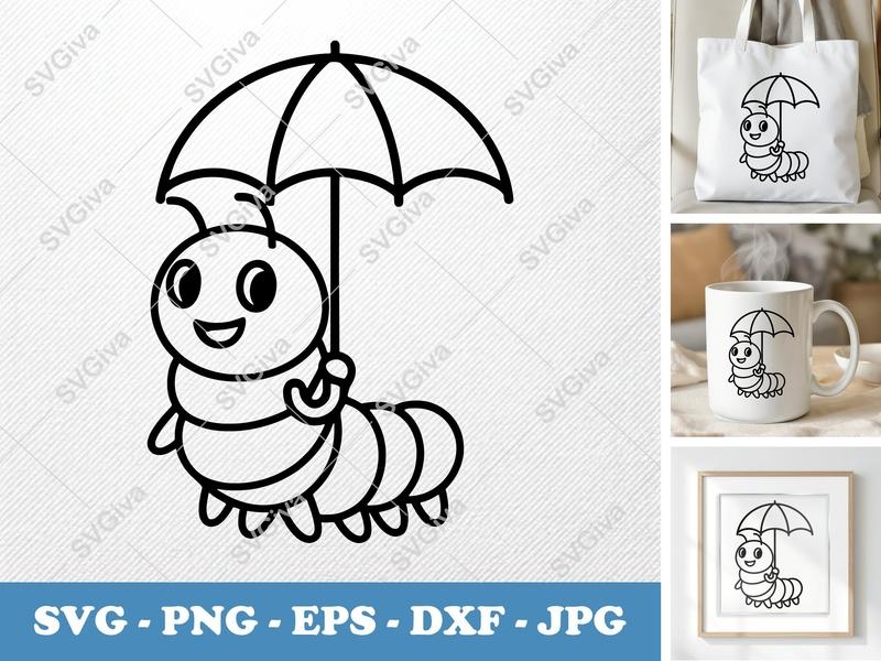 Caterpillar Holding Umbrella SVG PNG DXF EPS | Cut File Cricut Silhouette