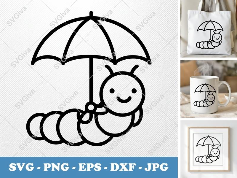 Caterpillar Holding Umbrella SVG | Simple Contour Cut File | PNG DXF EPS | Cricut Silhouette | Minimalist Nature Design