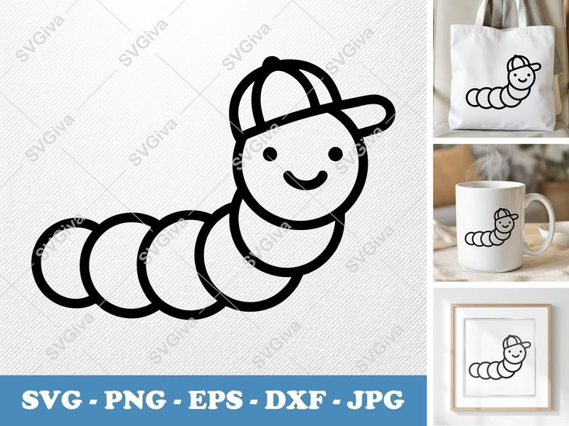 Caterpillar in a Cap SVG | Minimalist Character Cut File | PNG DXF EPS | Cricut Silhouette Ready