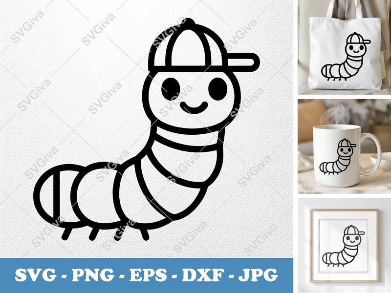 Caterpillar in a Cap SVG | Outline Style, Minimalist | PNG DXF EPS | Cricut Silhouette File