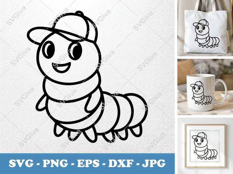 Caterpillar in a Cap SVG PNG DXF EPS | Cricut Silhouette Cut File | Insect Vector Art
