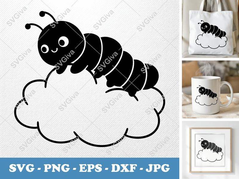 Caterpillar Sitting on Cloud SVG | Puffy Soft Shapes PNG DXF EPS | Cricut Silhouette Cut File, Pillow-Soft Design