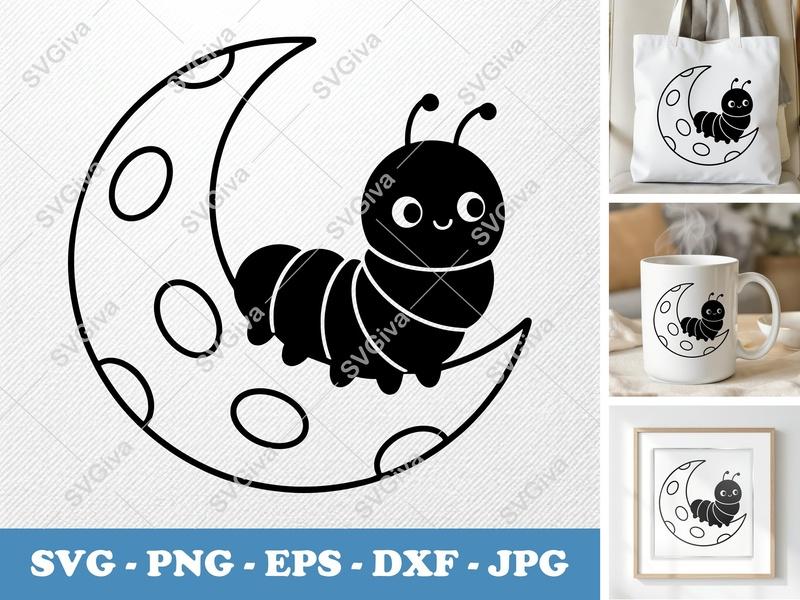 Caterpillar Sitting on Moon SVG | Puffy Soft Shapes | Inflated Look | PNG DXF EPS | Cricut Silhouette File