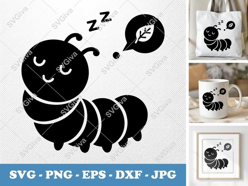 Caterpillar Sleeping SVG | Puffy Cartoon Critter Cut File | Inflated Kids Craft | PNG DXF EPS for Cricut Silhouette