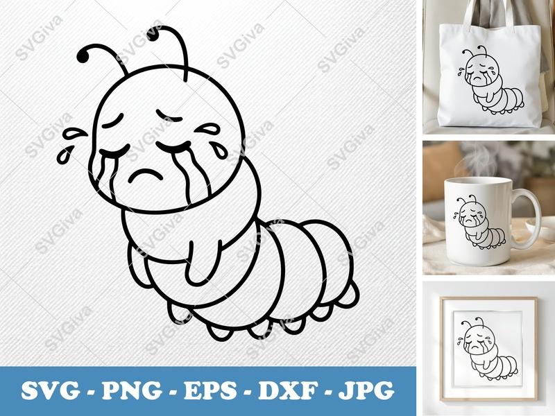 Caterpillar SVG, Crying Sad Cute Cartoon Bug, PNG EPS DXF, Cricut Silhouette Cut File, Modern Clean Line Art, Insect Clipart