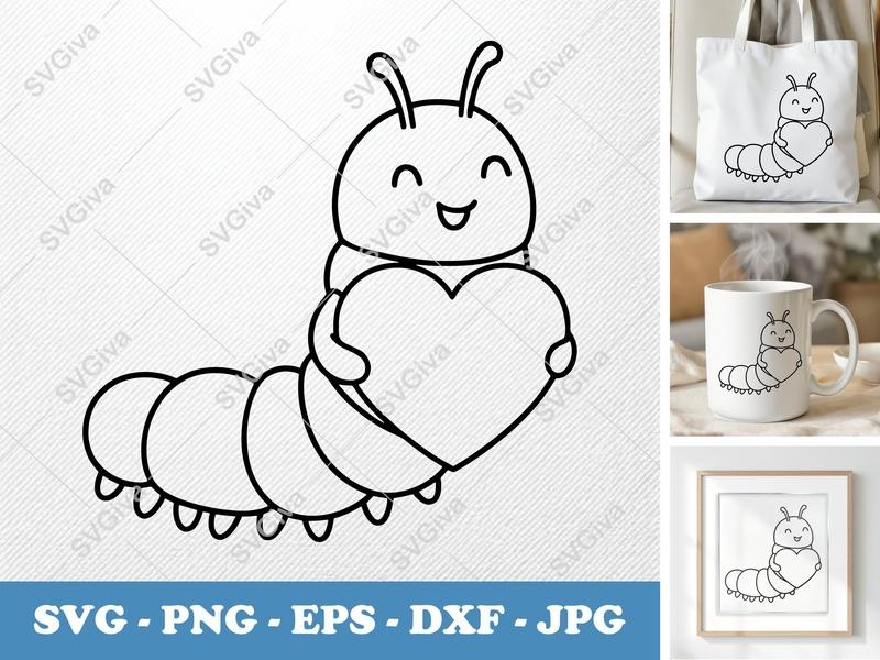 Caterpillar SVG | Cute Bug Holding Heart, Outline Clipart | PNG EPS DXF for Cricut, Silhouette | Kids Animal Vector