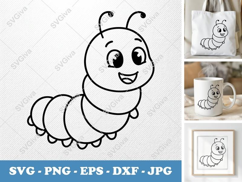 Caterpillar SVG, Cute Cartoon Bug Cut File, Insect Clipart, PNG EPS DXF for Cricut & Silhouette, Kids Craft Design