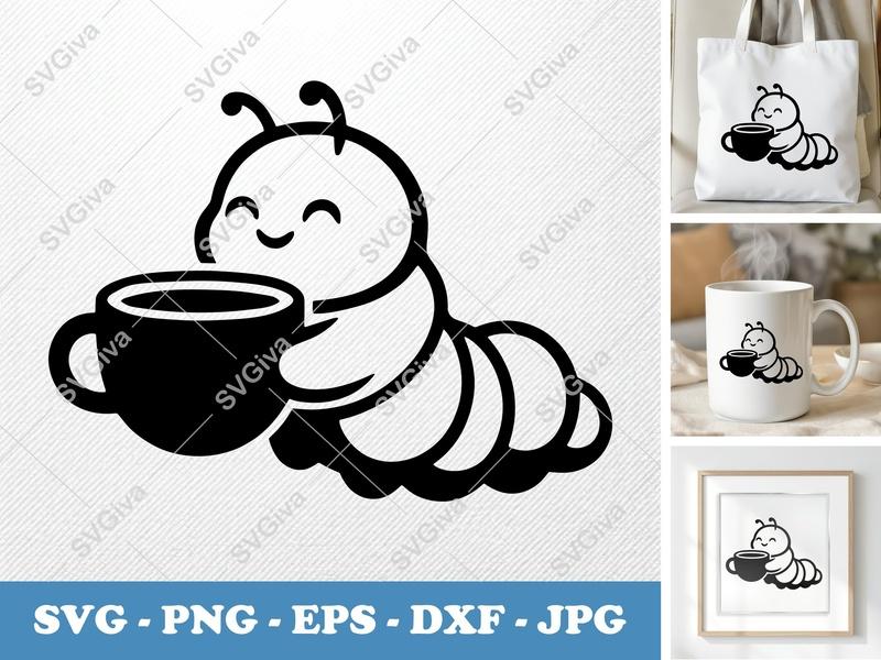 Caterpillar SVG, Cute Coffee Mug Design, Modern Clean Line Art, PNG EPS DXF for Cricut, Silhouette, Vector Clipart