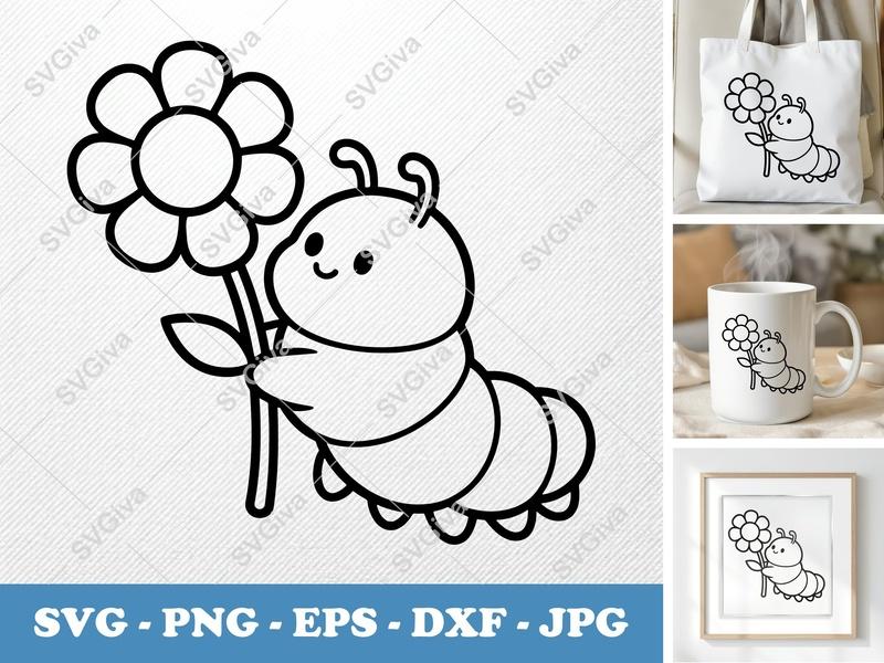 Caterpillar SVG, Cute Flower Outline, Modern Insect Clipart, PNG EPS DXF for Cricut & Silhouette, Kids Craft