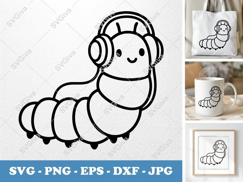 Caterpillar SVG, Cute Headphone Bug Cut File, Modern Wiggle Worm Clipart | PNG EPS DXF for Cricut, Silhouette