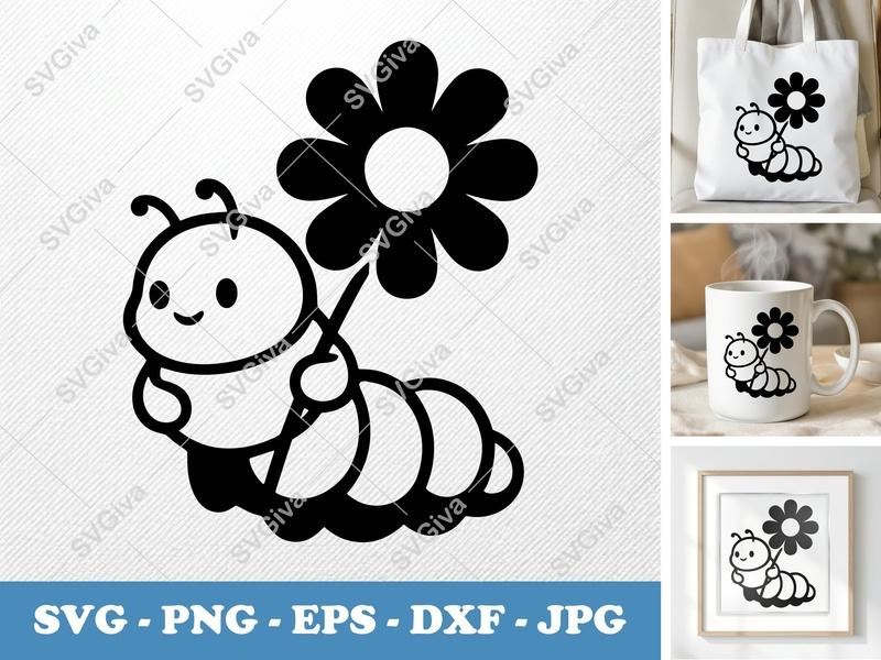 Caterpillar SVG, Cute Larva with Flower, Kids Animal Outline | PNG EPS DXF | Cricut Silhouette Cut File, Vector Clipart