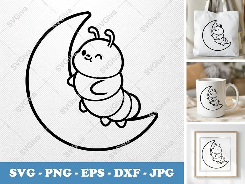 Caterpillar SVG, Cute Moon Clipart, Modern Clean Design, PNG EPS DXF for Cricut, Silhouette, Baby Nursery Decor