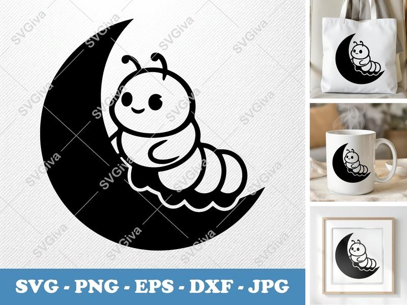 Caterpillar SVG Cute Moon Design, Simple Insect Clipart, PNG EPS DXF for Cricut, Silhouette, Vector Cut File