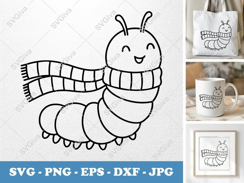 Caterpillar SVG, Cute Scarf Caterpillar Cut File, Happy Worm PNG EPS DXF | Cricut & Silhouette Design, Kids Craft