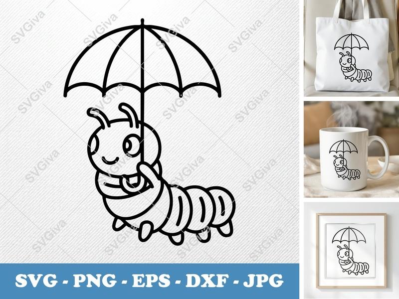 Caterpillar SVG, Cute Umbrella Outline, Modern Cartoon Bug Cut File, PNG EPS DXF for Cricut, Silhouette, Kids Craft