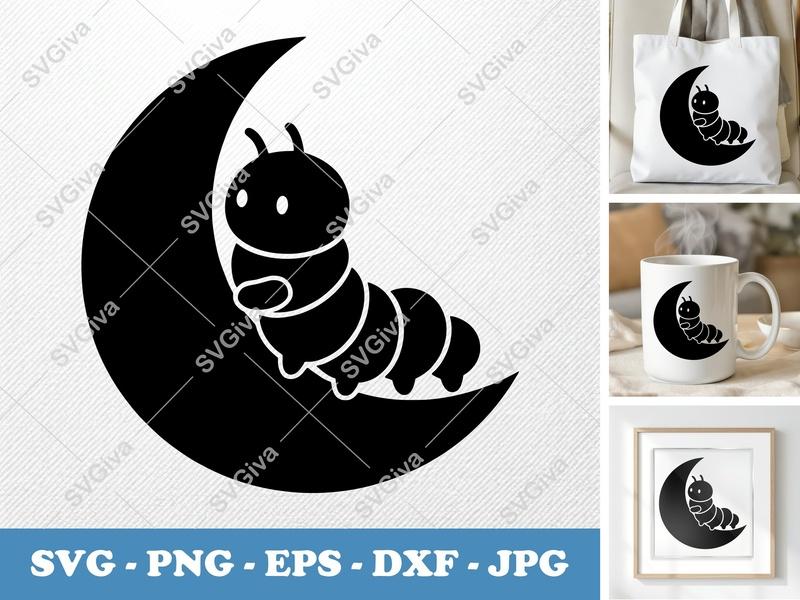 Caterpillar SVG, Moon Crescent Cut File, Modern Bug Insect Clipart, PNG EPS DXF for Cricut Silhouette