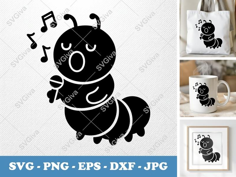 Caterpillar SVG, Singing Music Microphone Cut File, Modern Clean Design, PNG EPS DXF for Cricut Silhouette