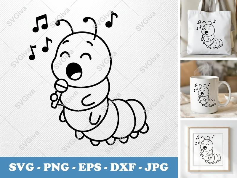 Caterpillar SVG, Singing Music Notes, Cute Cartoon Outline | PNG EPS DXF | Cricut Silhouette Cut File