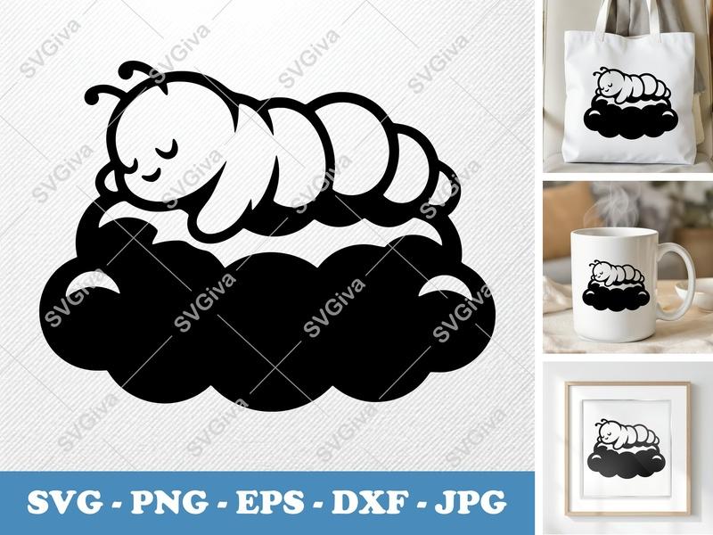 Caterpillar SVG, Sleeping Baby Worm on Cloud Clipart, Modern Cute Insect Design | PNG EPS DXF for Cricut Silhouette