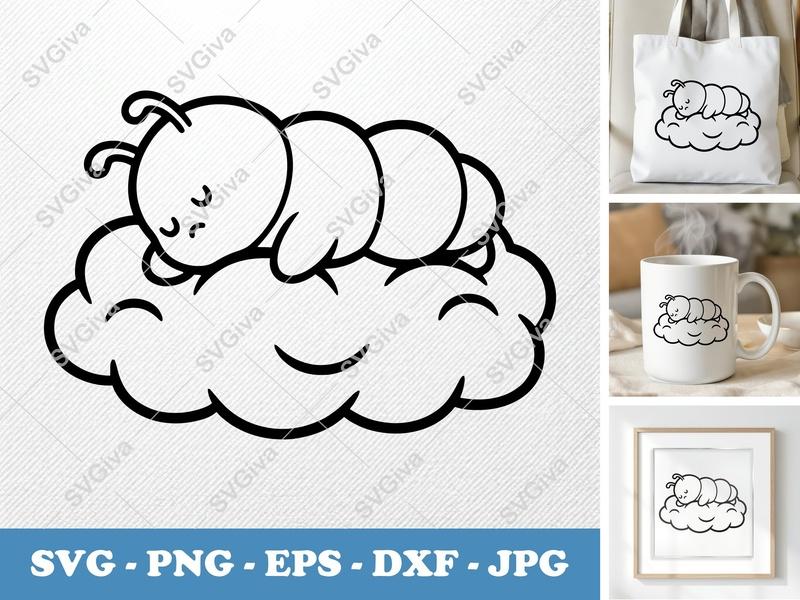 Caterpillar SVG, Sleeping Cloud Design, Cute Bug Digital Download | PNG EPS DXF for Cricut & Silhouette